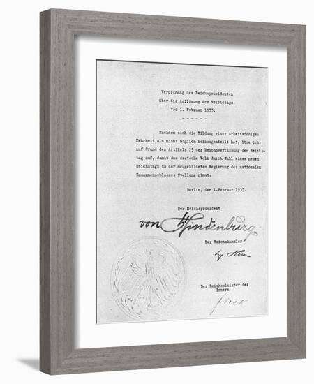 Decree from Hindenburg ordering dissolution of the Reichstag from 1 February 1933-Anon-Framed Photographic Print