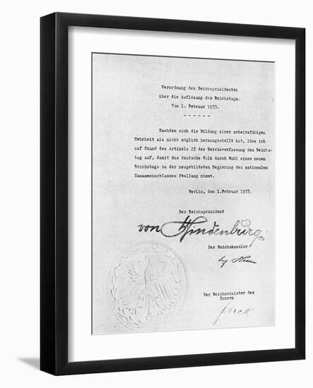 Decree from Hindenburg ordering dissolution of the Reichstag from 1 February 1933-Anon-Framed Photographic Print