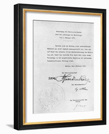 Decree from Hindenburg ordering dissolution of the Reichstag from 1 February 1933-Anon-Framed Photographic Print