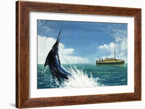 Deep-Sea Fisherman Hook a Swordfish-null-Framed Giclee Print