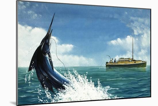 Deep-Sea Fisherman Hook a Swordfish-null-Mounted Giclee Print