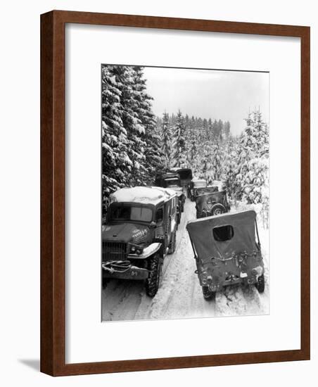 Deep Snow Banks On a Narrow Road Halt Military Vehicles in Belgium-Stocktrek Images-Framed Photographic Print