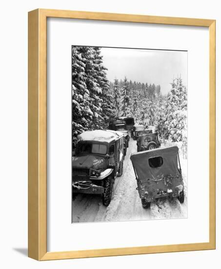 Deep Snow Banks On a Narrow Road Halt Military Vehicles in Belgium-Stocktrek Images-Framed Photographic Print