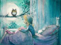 Grandmother Knitting a Sweater with a Lunar Light.Picture Created with Watercolors.-DeepGreen-Stretched Canvas