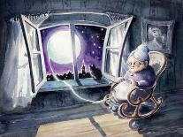 Grandmother Knitting a Sweater with a Lunar Light.Picture Created with Watercolors.-DeepGreen-Framed Stretched Canvas