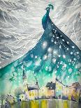 Watercolors Abstract Illustration of Peacock as Night Sky over City.-DeepGreen-Framed Stretched Canvas