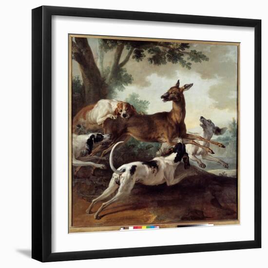 Deer Chased by Dogs. Hunting Scene, 1725 (Oil on Canvas)-Jean-Baptiste Oudry-Framed Giclee Print