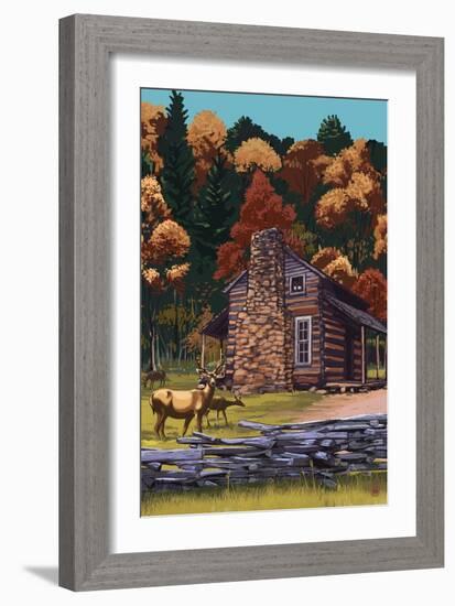 Deer Family and Cabin-Lantern Press-Framed Art Print