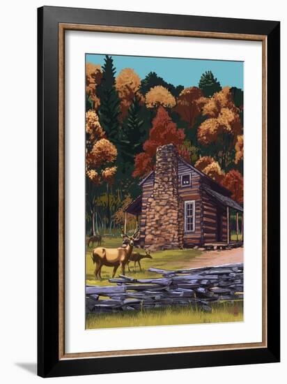 Deer Family and Cabin-Lantern Press-Framed Art Print