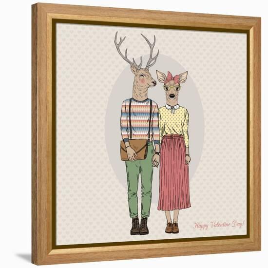 Deer Hipster Couple - Valentine's Day Design-Olga_Angelloz-Framed Stretched Canvas