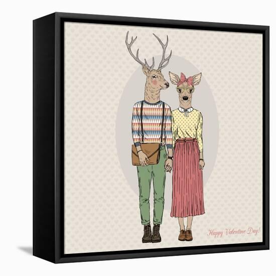 Deer Hipster Couple - Valentine's Day Design-Olga_Angelloz-Framed Stretched Canvas