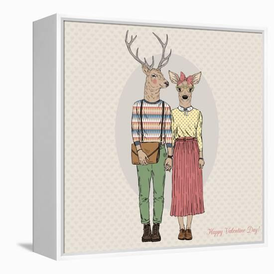 Deer Hipster Couple - Valentine's Day Design-Olga_Angelloz-Framed Stretched Canvas