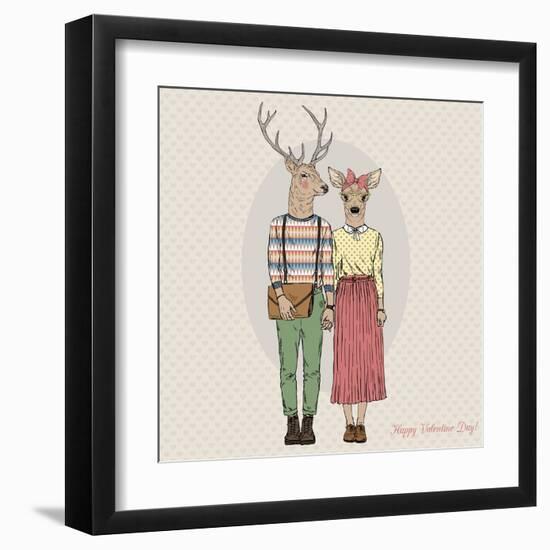 Deer Hipster Couple - Valentine's Day Design-Olga_Angelloz-Framed Art Print