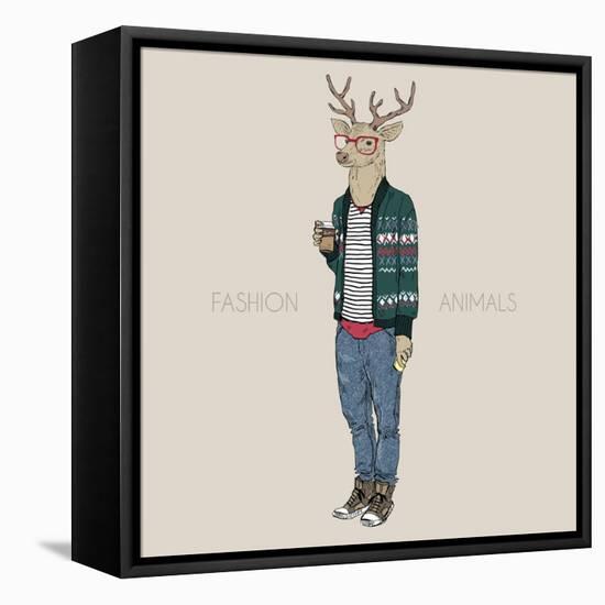 Deer Hipster Drinking Coffee-Olga_Angelloz-Framed Stretched Canvas