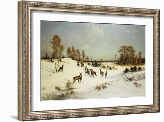 Deer in a Wooded Winter Landscape-Julius Arthur Thiele-Framed Giclee Print