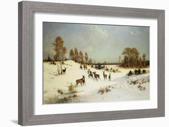 Deer in a Wooded Winter Landscape-Julius Arthur Thiele-Framed Giclee Print