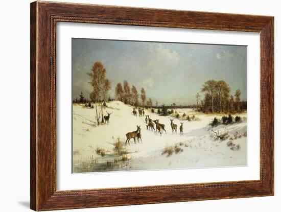 Deer in a Wooded Winter Landscape-Julius Arthur Thiele-Framed Giclee Print