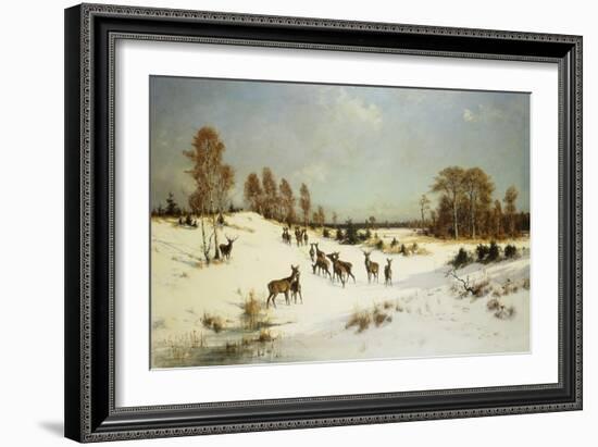 Deer in a Wooded Winter Landscape-Julius Arthur Thiele-Framed Giclee Print