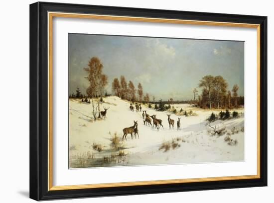 Deer in a Wooded Winter Landscape-Julius Arthur Thiele-Framed Giclee Print