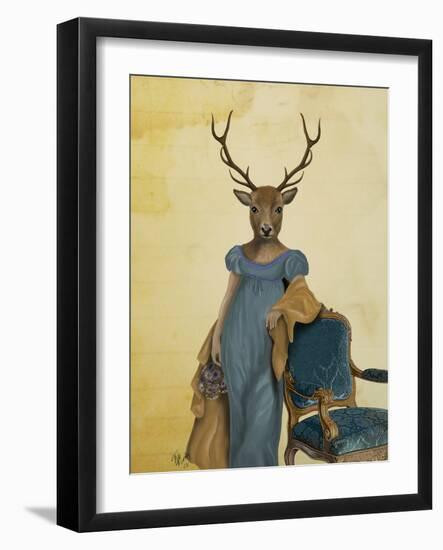 Deer in Blue Dress-Fab Funky-Framed Premium Giclee Print