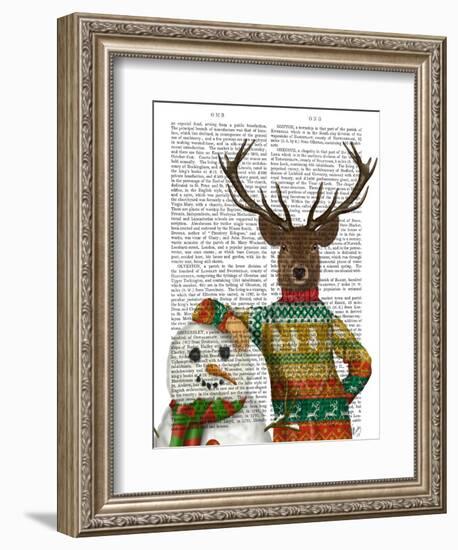 Deer in Christmas Sweater with Snowman-Fab Funky-Framed Art Print