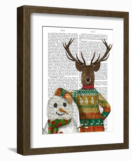 Deer in Christmas Sweater with Snowman-Fab Funky-Framed Art Print