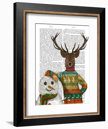 Deer in Christmas Sweater with Snowman-Fab Funky-Framed Art Print