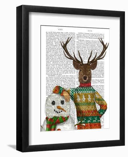 Deer in Christmas Sweater with Snowman-Fab Funky-Framed Art Print