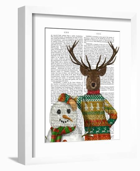 Deer in Christmas Sweater with Snowman-Fab Funky-Framed Art Print