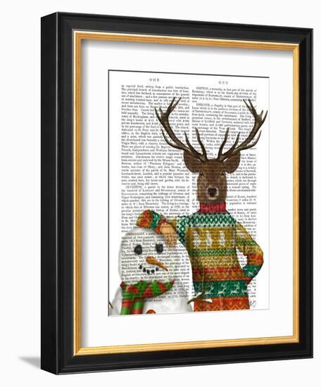 Deer in Christmas Sweater with Snowman-Fab Funky-Framed Art Print