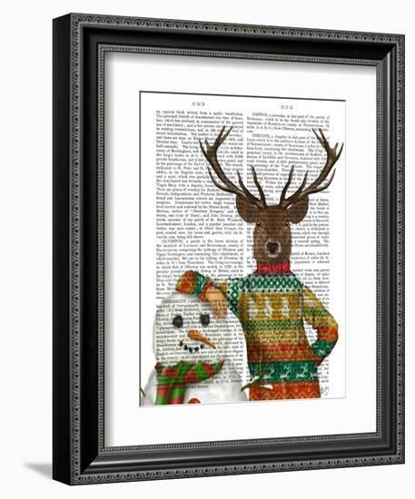 Deer in Christmas Sweater with Snowman-Fab Funky-Framed Premium Giclee Print