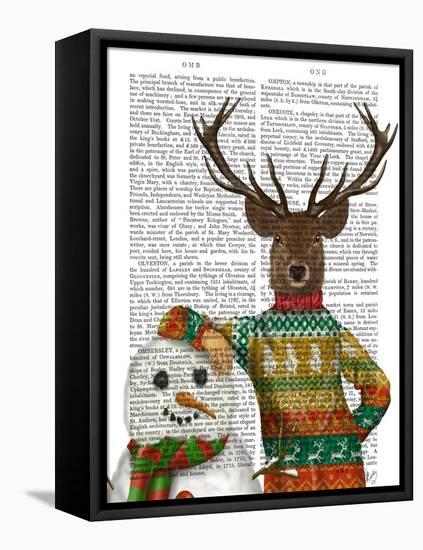 Deer in Christmas Sweater with Snowman-Fab Funky-Framed Stretched Canvas