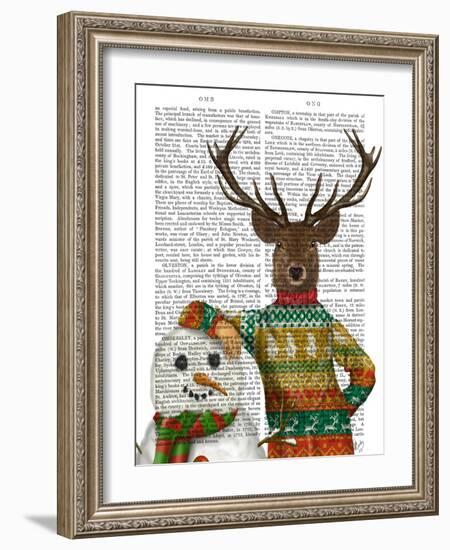 Deer in Christmas Sweater with Snowman-Fab Funky-Framed Art Print