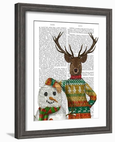 Deer in Christmas Sweater with Snowman-Fab Funky-Framed Art Print