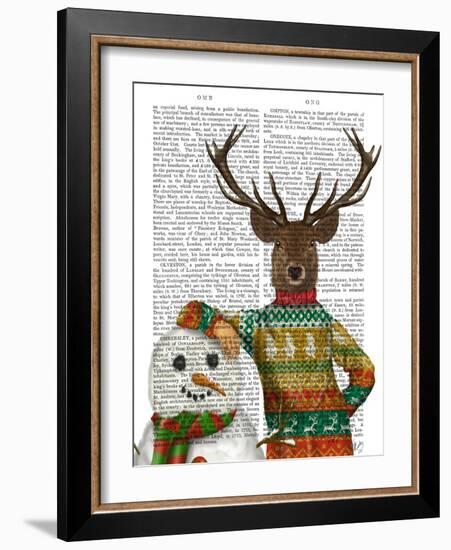 Deer in Christmas Sweater with Snowman-Fab Funky-Framed Art Print