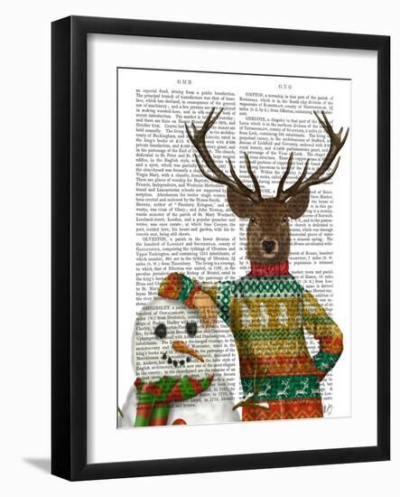 Deer in Christmas Sweater with Snowman-Fab Funky-Framed Art Print