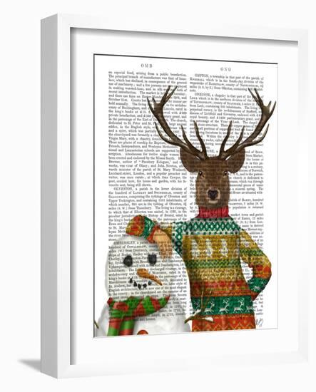 Deer in Christmas Sweater with Snowman-Fab Funky-Framed Art Print