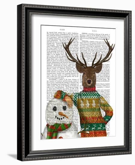 Deer in Christmas Sweater with Snowman-Fab Funky-Framed Art Print