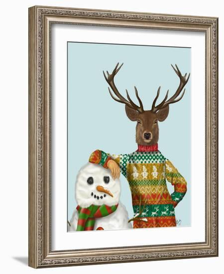 Deer in Christmas Sweater with Snowman-Fab Funky-Framed Art Print