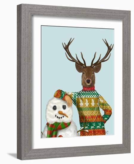 Deer in Christmas Sweater with Snowman-Fab Funky-Framed Art Print