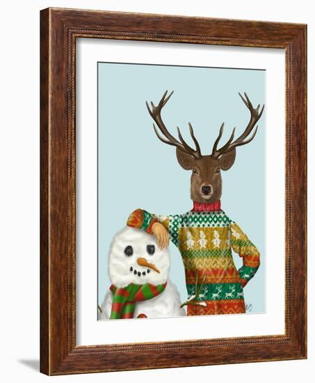 Deer in Christmas Sweater with Snowman-Fab Funky-Framed Art Print