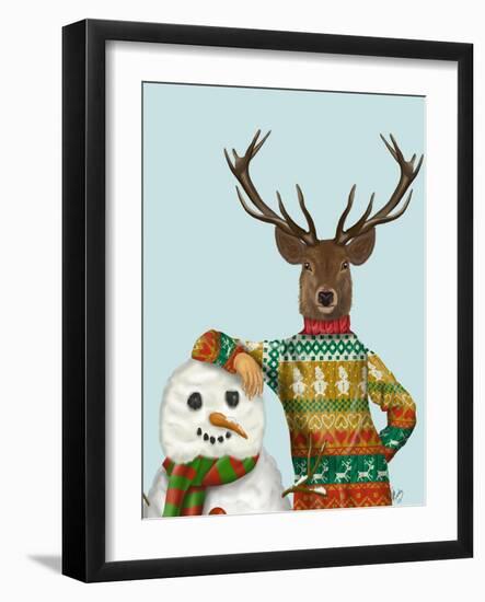 Deer in Christmas Sweater with Snowman-Fab Funky-Framed Art Print