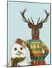 Deer in Christmas Sweater with Snowman-Fab Funky-Mounted Art Print