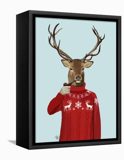 Deer in Ski Sweater-Fab Funky-Framed Stretched Canvas