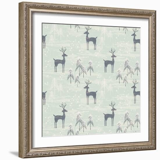 Deer in Winter Pine Forest. Seamless Pattern with Hand Drawn Design for Christmas and New Year Gree-Lidiebug-Framed Art Print