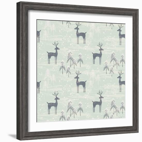 Deer in Winter Pine Forest. Seamless Pattern with Hand Drawn Design for Christmas and New Year Gree-Lidiebug-Framed Art Print