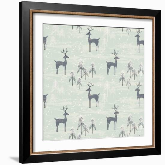 Deer in Winter Pine Forest. Seamless Pattern with Hand Drawn Design for Christmas and New Year Gree-Lidiebug-Framed Art Print