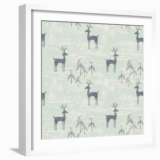 Deer in Winter Pine Forest. Seamless Pattern with Hand Drawn Design for Christmas and New Year Gree-Lidiebug-Framed Art Print