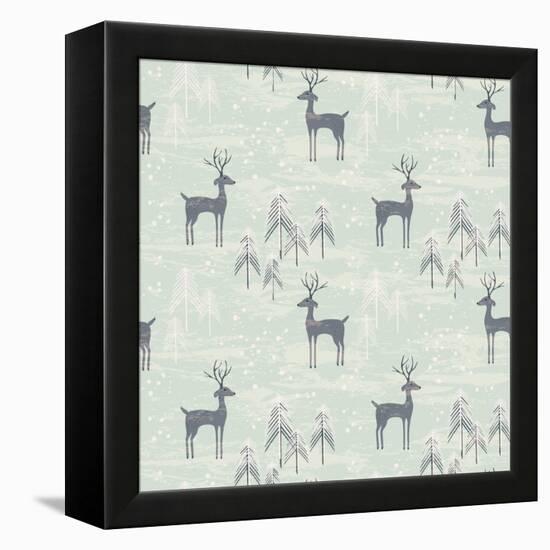 Deer in Winter Pine Forest. Seamless Pattern with Hand Drawn Design for Christmas and New Year Gree-Lidiebug-Framed Stretched Canvas
