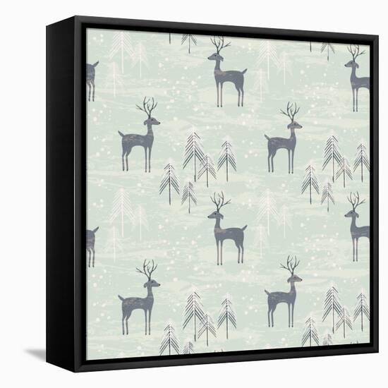 Deer in Winter Pine Forest. Seamless Pattern with Hand Drawn Design for Christmas and New Year Gree-Lidiebug-Framed Stretched Canvas